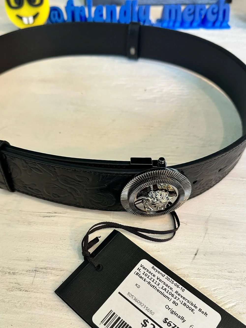 Versace Unisex Reversible Black Embossed Leather Belt with Silver Medusa Buckle